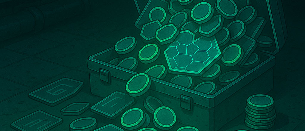 A green and neon image of tokens and cards spilling out of a futuristic briefcase.