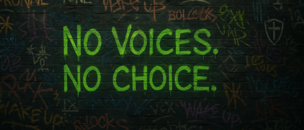 Primitive English graffiti on a brick wall, with a central slogan in neon green stating 