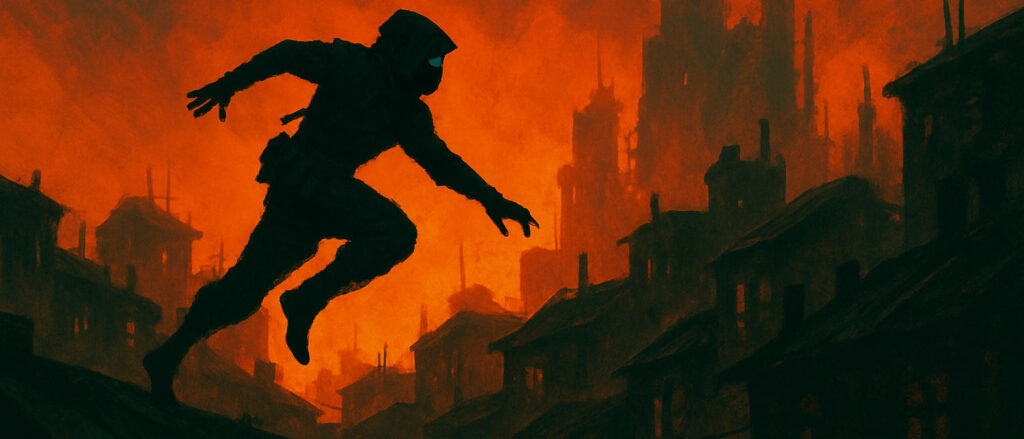 An abstract image of a Ghosteur crossing the rooftops of Old England