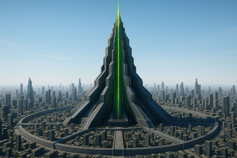 An image of Ekur Prime, a towering monolith ziggurat skyscraper in the Tramford Crust.