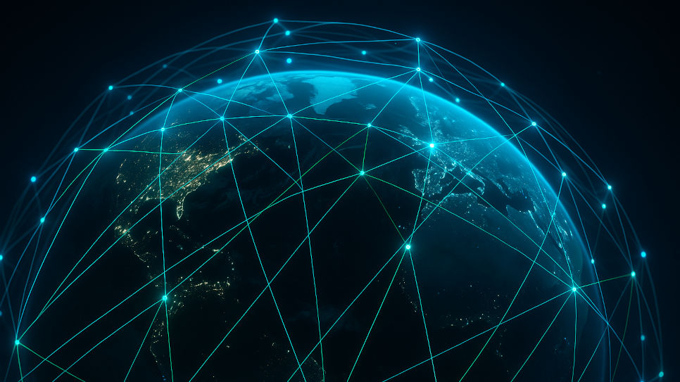 An image of the Earth from space, depicting EQUiP nodes connected by a lattice of light.