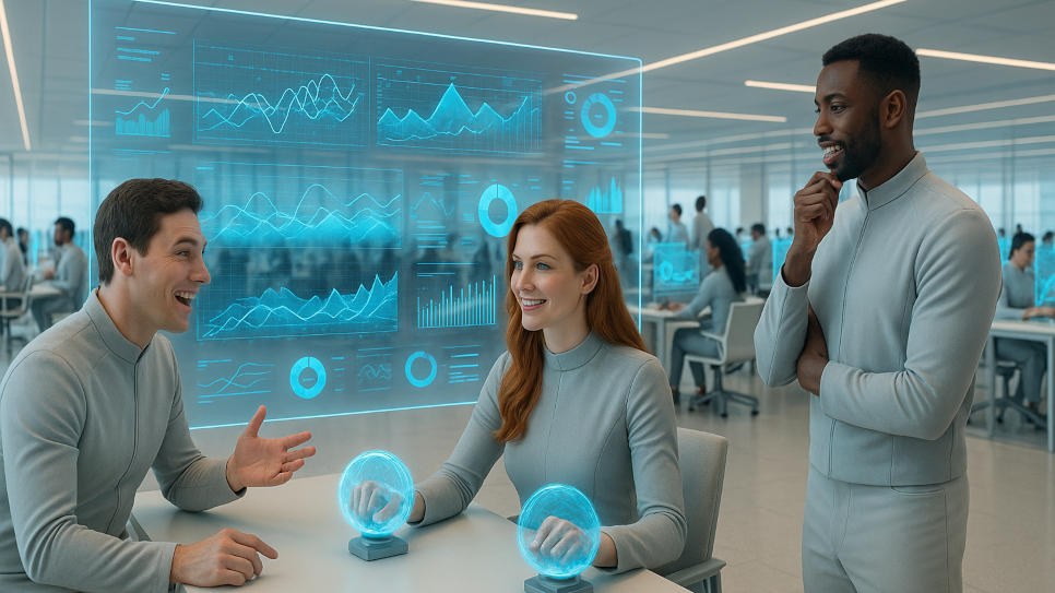 Futuristic office promotional image, showing staff discussing work around a holographic projector.