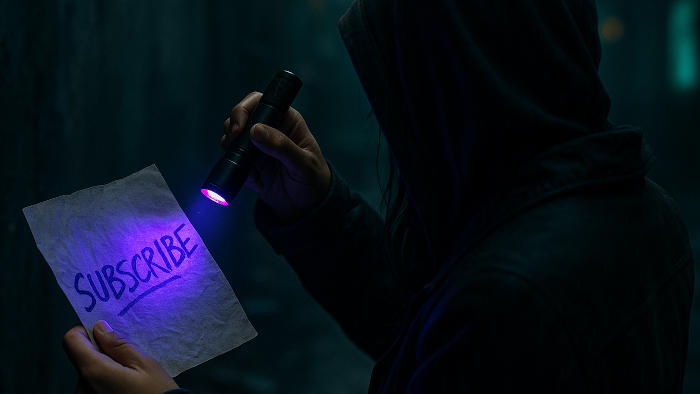 A slum dweller using a UV light to read a secret note reading "SUBSCRIBE"