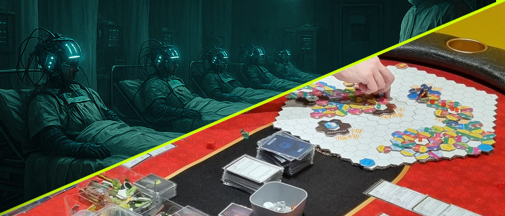 A split image of a Neuromorphic Handling Facility, juxta supposed against a real-world image of playtesting.