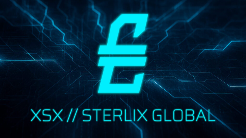 An image of the Sterlix Global currency symbol on a blue, corporate background