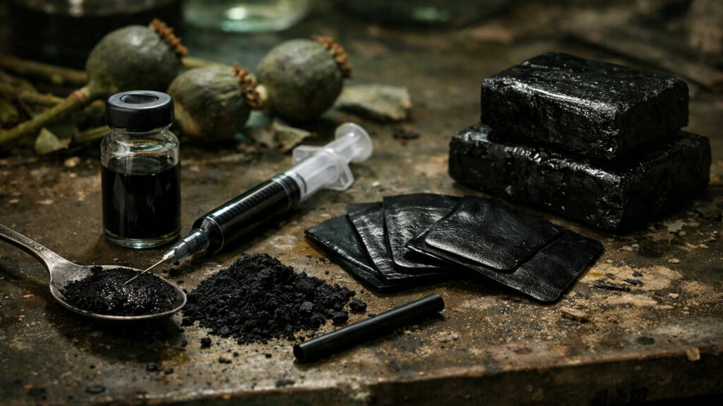 Close-up of the fictional drug Void on a grimy slum lab table: black liquid in a vial and syringe, dark powder on a spoon, stacked black solid blocks, and matte black transdermal patches, with dried opium poppy heads in the background under murky green-brown light.