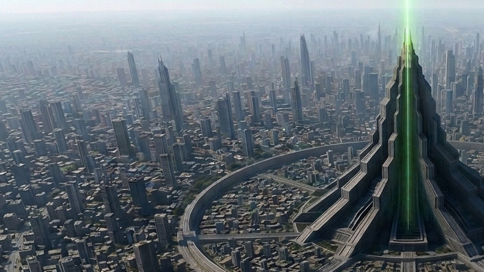 A cropped image of Ekur Prime, a towering ziggurat-like central structure rising above Tramford's concentric urban rings and blade districts.